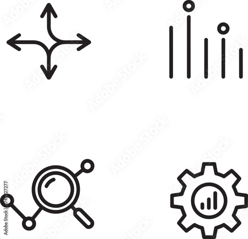 Four Directional Arrows and Data Analysis Icons on White Background navigation choice