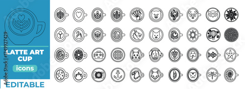 Elegant editable latte art cup line icons