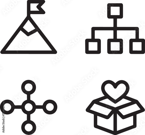 Four icons representing goals organization connection and gift box with heart Keywords: mountain