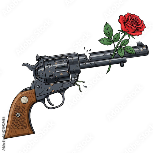 Broken Revolver with Flower Growing from the Muzzle Symbolizing Peace, Hope, and the End of Violence Isolated on White Background