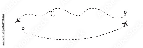 Airplane dotted line path icon. Airplane Route with Navigation Line and Destination Marker. Airplane Flight Route Map Vector with Curved Dotted Lines and Pins. Airplane Travel Route. eps10