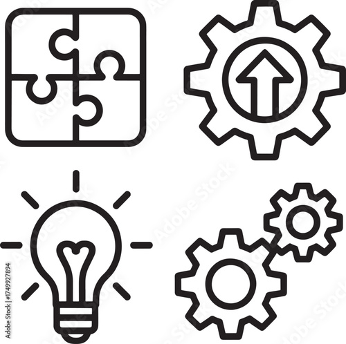 Four line art icons for problem solving and innovation puzzle jigsaw