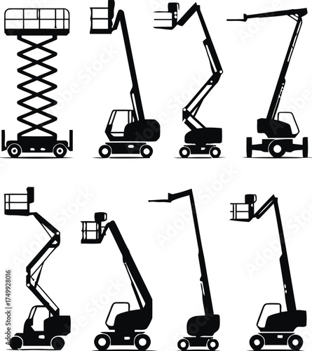 aerial work platform, lift, boom lift, scissor lift, cherry picker, construction equipment, industrial machinery, silhouette, icon, set, black, white, design, graphic, illustration, machinery, equipme