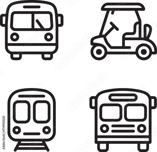 Four transportation icons including bus train golf cart and another bus Keywords: transportation