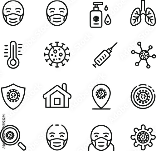 medical, icons, coronavirus, covid19, health, virus, mask, hand sanitizer, lungs, thermometer, syringe, shield, home, location, magnifying glass, protection, disease, pandemic, science, healthcare, pr