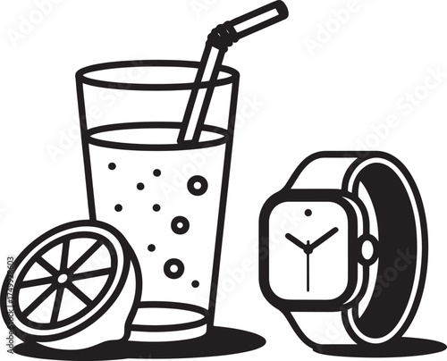 Glass of fizzy drink with straw lemon slice and smartwatch icon beverage