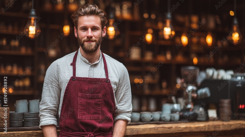 Fototapeta premium A friendly cafe worker in a maroon apron stands confidently behind a rustic bar, showcasing a warm and inviting atmosphere.