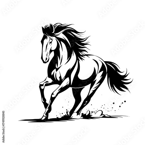 Powerful black stallion galloping dynamically, bold monochrome design, strong equine energy and freedom imagery