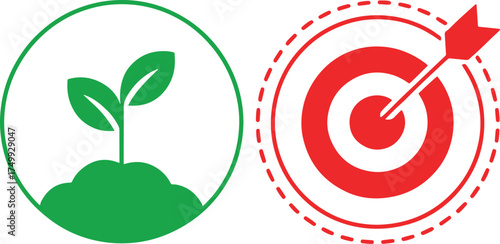 Green sprout in soil and red target with arrow icon Keywords: sprout, plant, seedling, growth, soil