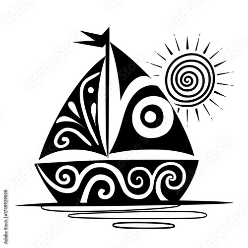 Stylized sailboat glides on water under a vibrant sun, capturing a modern, artistic travel vibe.