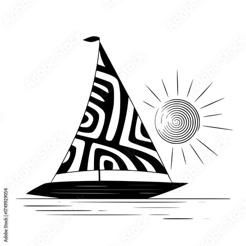 Dynamic sailboat glides across serene water under a stylized sun, evoking adventure and freedom