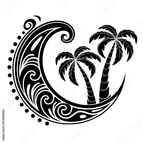 Tropical paradise scene with iconic palm trees and stylized ocean wave design