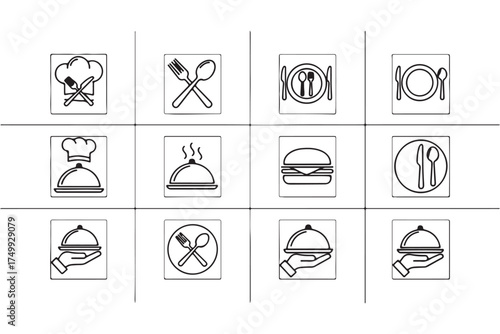 Collection of restaurant and food icons, featuring chef hat, cutlery, burger, and serving tray, perfect for culinary designs