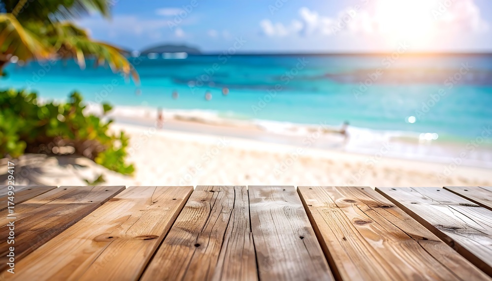 Fototapeta premium Wooden Table on Tropical Beach with Ocean View.