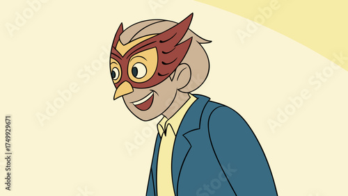 Cartoon uncle with owl mask smiling kindly in blue blazer over bright beige minimalist 