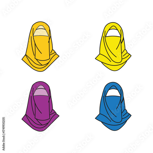 Minimalist hijab fashion icons set featuring four modern stylized women portraits in vibrant colors with clean flat design aesthetic