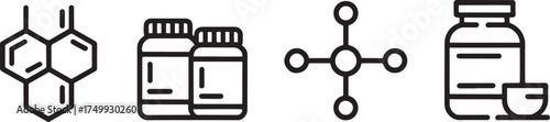Icons for Chemical Structures Molecules and Pharmaceutical Bottles Keywords: chemical, structure