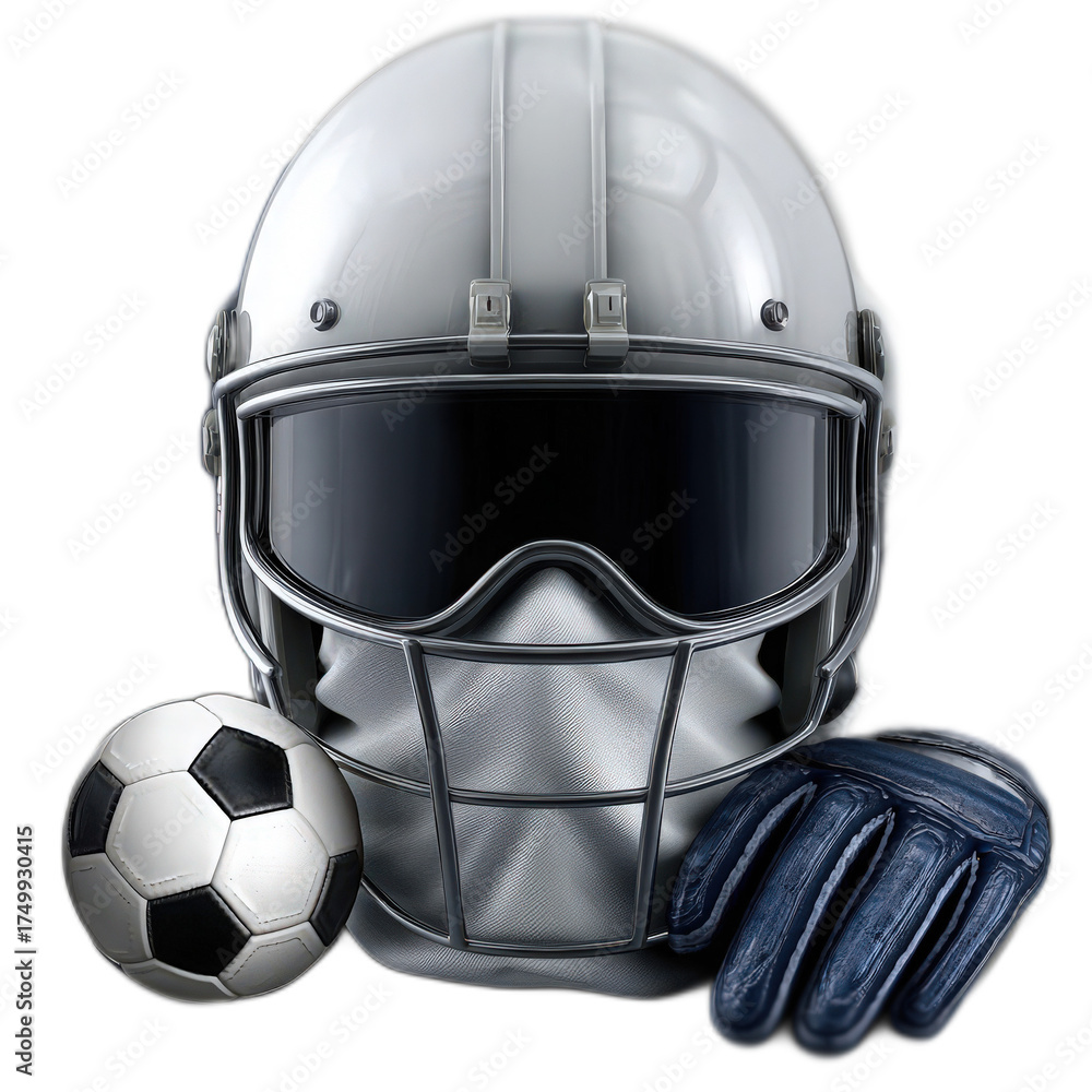 Fototapeta premium Realistic Illustration of Sports Equipment Featuring a Helmet, Soccer Ball, and Goalkeeper Glove in a Dynamic Composition