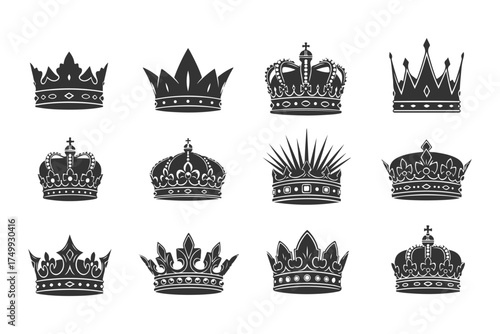 Set of twelve different crown illustrations in black and white includes royal, majestic, and regal designs