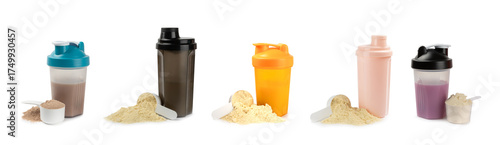 Protein powder.protein shake isolated on white background.Shaker bottle with protein.Food supplement.Whey protein powder with shaker for mixing.Sports nutrition.Concept of sports and healthy lifestyle