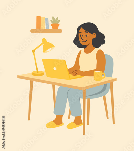 A happy young woman sitting at her home desk, typing on a laptop computer. The illustration depicts a modern remote work or work-from-home setup.