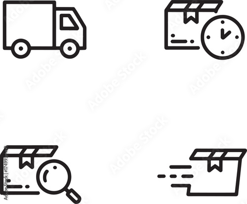 Icons of delivery truck, package with clock, package with magnifier, and fast package vector illustration