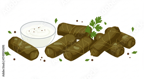 Dolma rolls served with yogurt and fresh herbs on a white background  