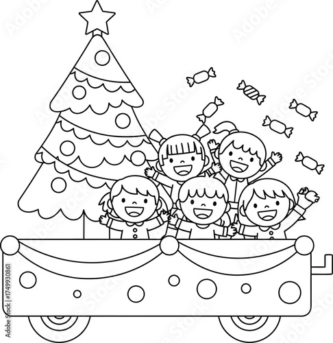 Happy Kids on Christmas Parade Float with Tree and Candy - Holiday Fun Line Art