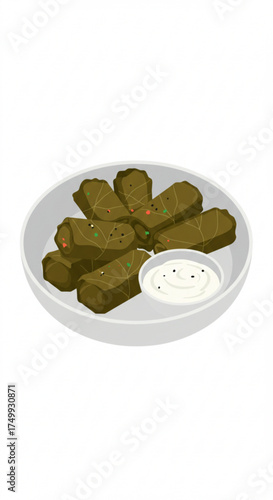 Dolmades served on a white plate with yogurt dipping sauce  