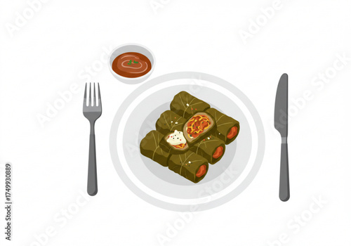 Dolmades served on a plate with sauce and cutlery on the side  