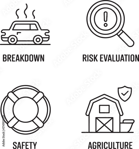 Insurance and Safety Icons: Breakdown, Risk, Safety, Agriculture smoke warning