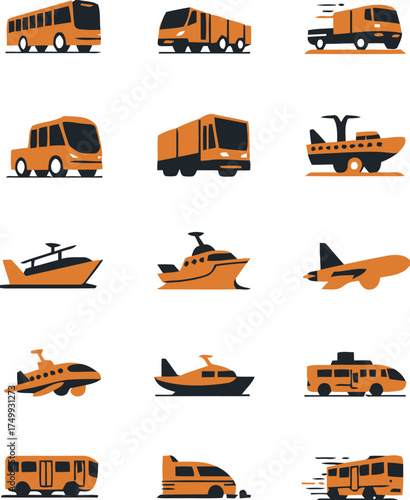 bus, train, truck, car, van, airplane, helicopter, yacht, boat, ship, vehicle, transport, travel, icon, set, collection, graphic, design, illustration, symbol, pictogram, public transport, private tra