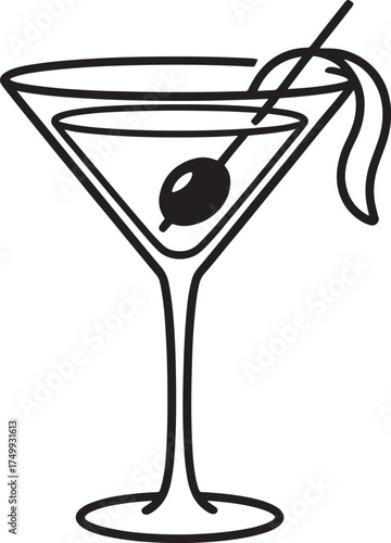 Martini cocktail glass with olive and garnish Keywords: martini, cocktail, glass, drink, beverage