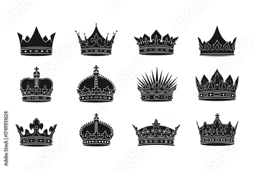 Collection of twelve elegant crown silhouettes, perfect for adding a royal touch to your designs and creative projects
