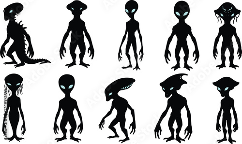 Alien creature silhouettes with glowing eyes, mysterious extraterrestrial monsters vector illustration set for sci-fi horror fantasy concept and space art design