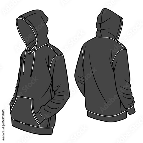 Black and white vector illustration of a man wearing a black jacket standing in a stylish pose