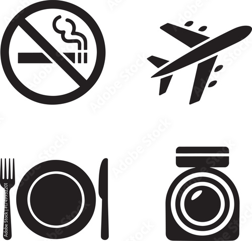 No Smoking Airplane Dining And Camera Icons On White flight travel
