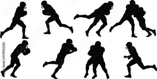 American football player silhouette vector set showing running, tackling, blocking, and defensive poses with helmet and ball isolated on white background for design