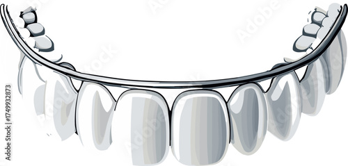 A detailed vector illustration of human teeth alignment with a dental arch wire, showing realistic enamel texture and structure, ideal for orthodontic, dental care, or anatomy visuals.