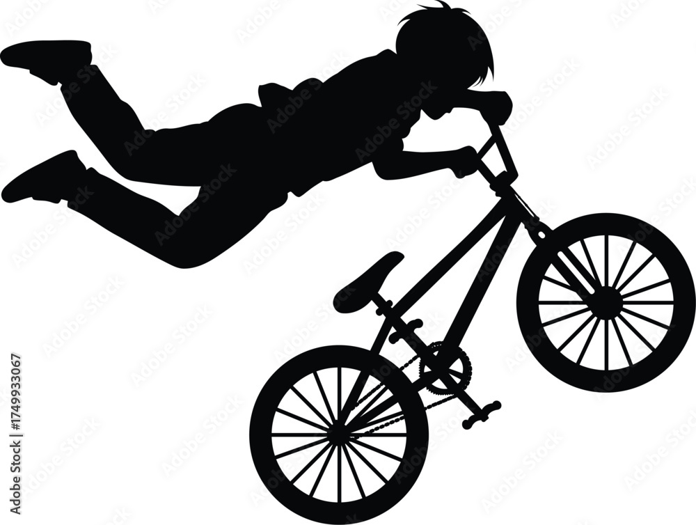 Fototapeta premium Silhouette of Freestyle BMX Biker Performing a Trick Isolated on White