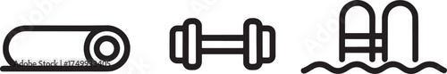 Rolled Exercise Mat, Dumbbell and Swimming Pool Icons Keywords: exercise, fitness, mat, rolled, yoga