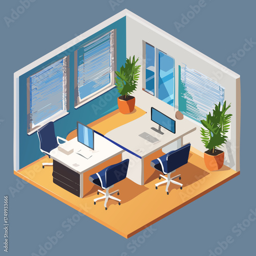 Modern Isometric Office Space with Desks Computers and Plants Business Workspace Concept