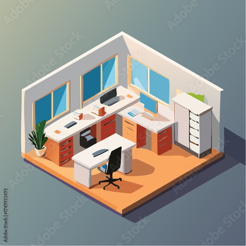 Isometric Modern Office Interior Design with Desks Computers and Plants Business Workspace Concept