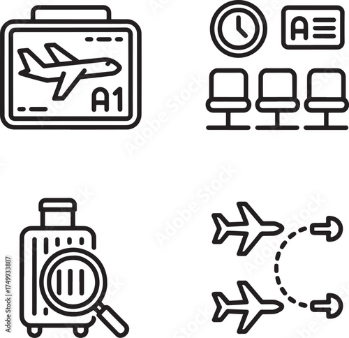 Set of four icons related to air travel and logistics airport departure board