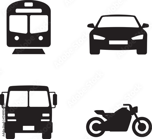 Set of Four Transportation Icons Train Car Bus Motorcycle Silhouette minimalist yc59s9gxr4s7
