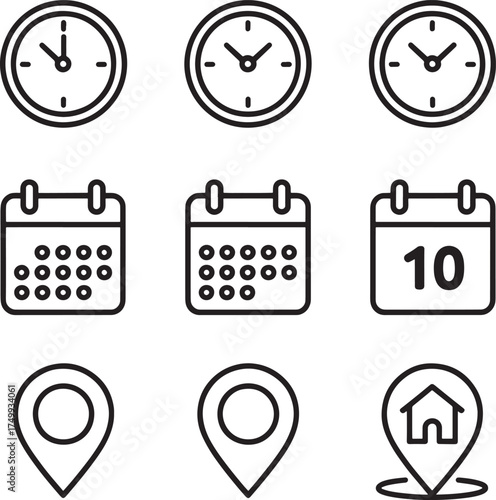 Set of simple line icons for time, calendar, and location clock watch