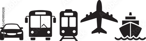 Silhouette icons of various transportation vehicles on white background automobile