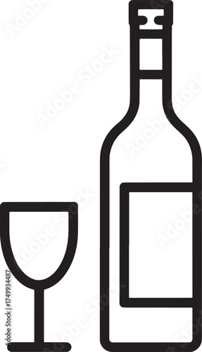 Simple Line Art Icon of Wine Bottle and Glass on White Background Keywords: wine, bottle, glass
