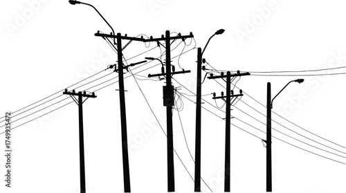 Silhouette of utility poles with streetlights, crossarms, power lines, electricity distribution, urban infrastructure, industrial landscape, high voltage electrical grid