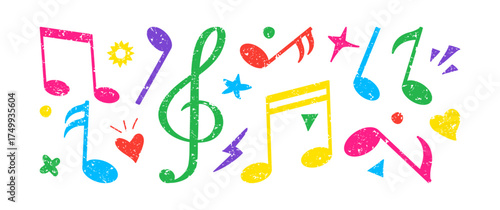 Music note crayon, shape paint brush hand drawn, melody color chalk pencil, sound kid doodle grunge texture. Pastel art scribble set. Childish colorful stroke isolated on white bg. Vector illustration